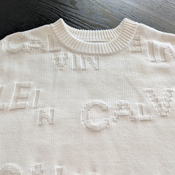 Calvin Klein Like New Men Wool Logo Sweater Size L Off White Crew Neck Pullover - Picture 3 of 14